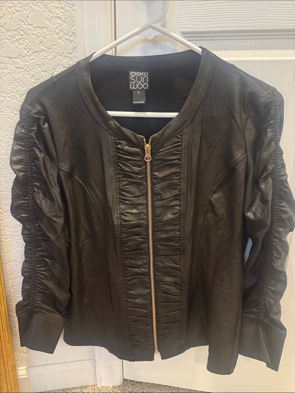 CLARA SUNWOO Black Ruched Faux-Leather Zip Front Jacket